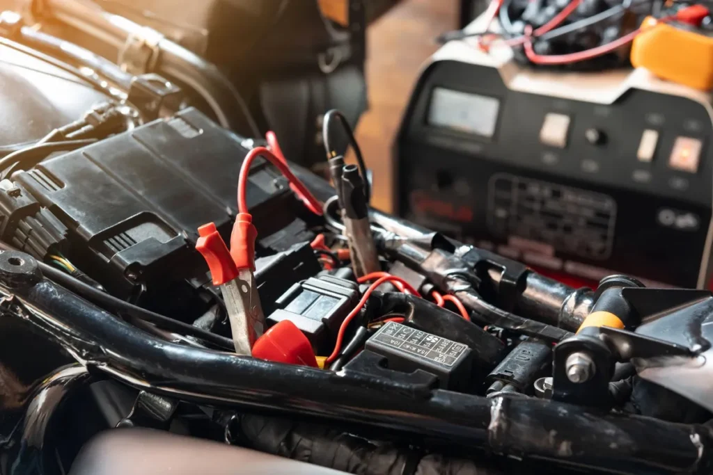 Bateria de moto sendo carregada com carregador automático e cabos conectados.