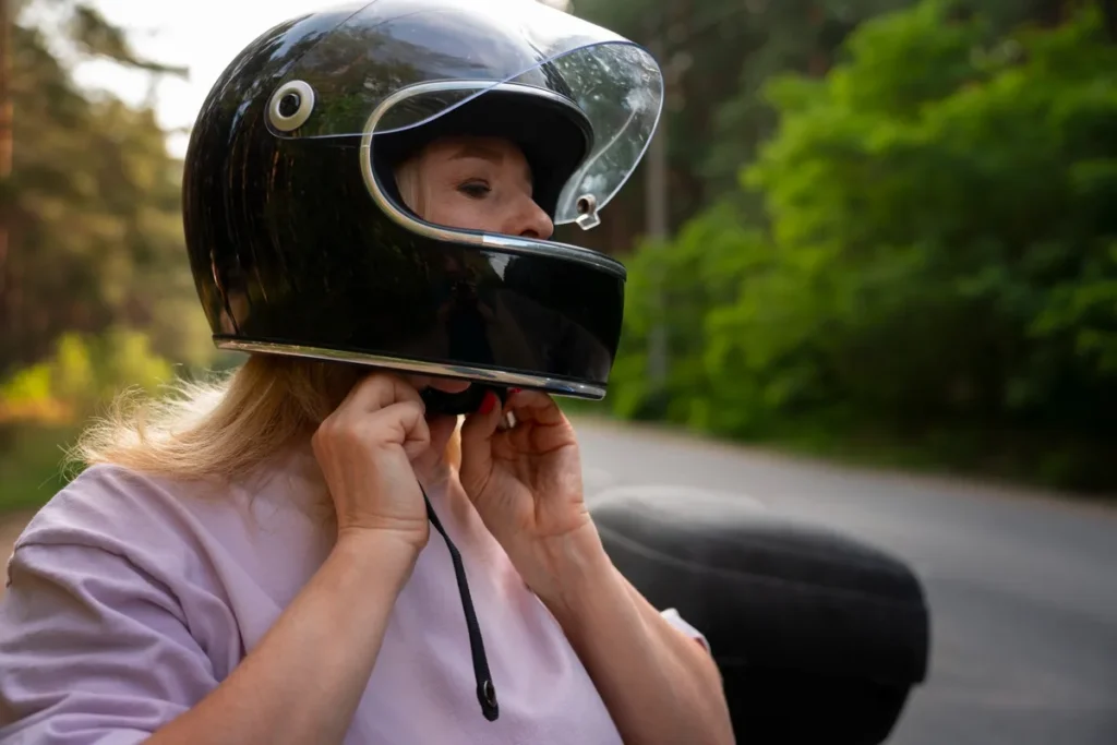 Mulher colocando capacete de motociclista preto com viseira transparente em estrada arborizada.