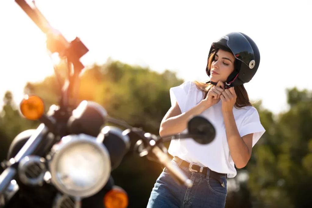 Mulher colocando capacete de moto ao ar livre ao lado da motocicleta