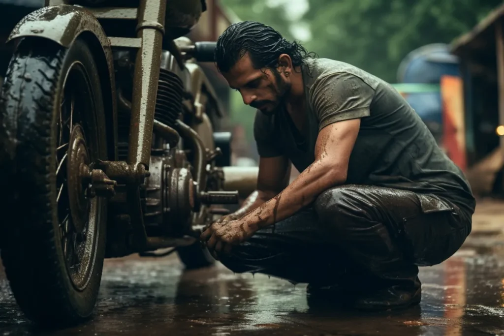 Homem sujo de lama agachado consertando o pneu dianteiro de uma moto, em um cenário de chuva e sujeira.