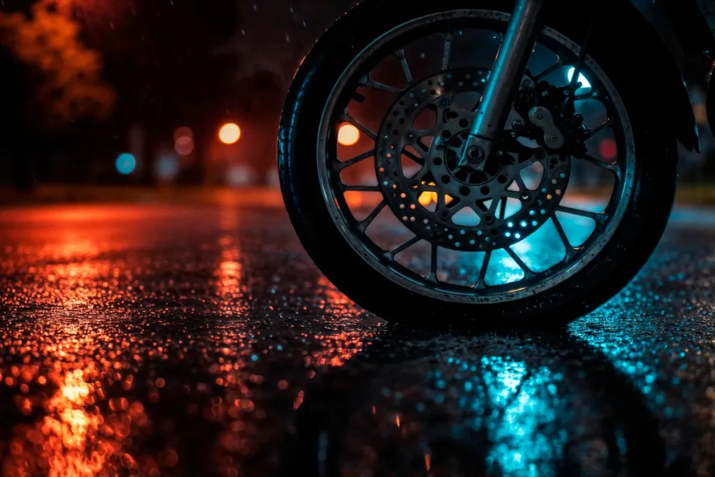 Roda de moto em uma rua molhada à noite, com reflexos de luzes vermelhas e azuis.