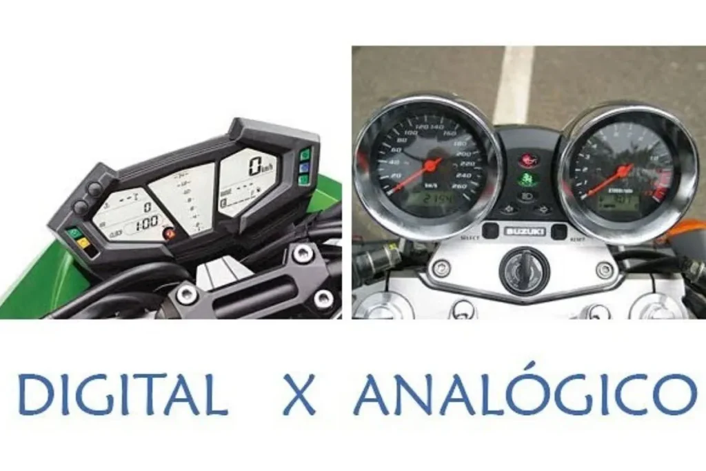 Comparação entre painel digital moderno e painel analógico tradicional de motocicletas