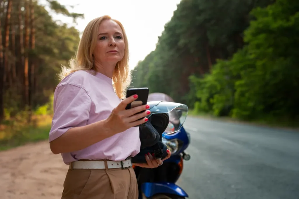 Uma mulher de meia-idade, com cabelo loiro, usando uma camiseta rosa claro e calças cáqui, está parada na beira de uma estrada asfaltada, segurando um smartphone em uma mão e um capacete de moto na outra. Uma motocicleta azul está levemente visível atrás dela. Ela olha para longe, com expressão de concentração, enquanto usa o celular, sugerindo que está verificando a rota, a localização ou a segurança da moto com um rastreador. O fundo é uma estrada rural ladeada por árvores e uma floresta.